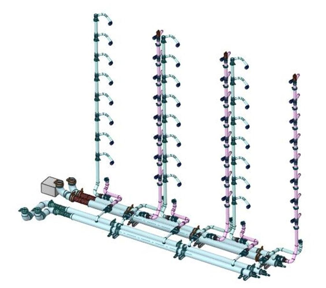 Liquid cooling pipe model inside an E-HUB battery energy storage container